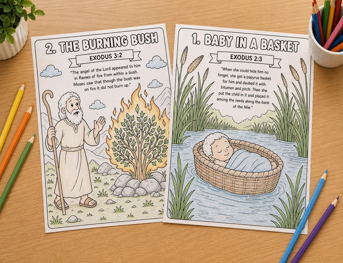 Moses Bible Coloring Pages PNG Bundle | Christian Kids Printable ...