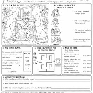 Pode incluir: Página de livro para colorir em preto e branco com a história bíblica de Sansão. A página inclui ilustrações de Sansão, Dalila e um leão, juntamente com texto e atividades.
