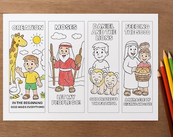 Op de afbeelding: Een set van zes kleurrijke bladwijzers met Bijbelse verhalen. Elke bladwijzer heeft een andere illustratie en een kort Bijbelvers. De bladwijzers zijn perfect voor kinderen en volwassenen die graag de Bijbel lezen.