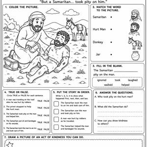 May include: Black and white illustrated worksheet titled "The Good Samaritan" with text and images. Includes fill-in-the-blank, true/false, and matching exercises. Features a drawing of a man helping another.