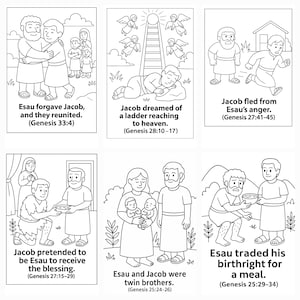 May include: A set of six black and white illustrations depicting biblical scenes. Each image includes text describing the event, such as "Esau forgave Jacob, and they reunited" and "Jacob dreamed of a ladder reaching to heaven."