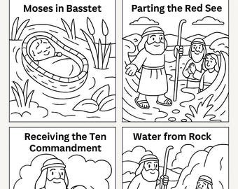 May include: Black and white coloring pages featuring scenes from the story of Moses. The pages include Moses in a basket, parting the Red Sea, receiving the Ten Commandments, and getting water from a rock. The text "BIBLE STORY COLORING PAGES The Journey of Moses" is at the top of the page. The text "Perfect for SUNDAY SCHOOL" is at the bottom of the page.