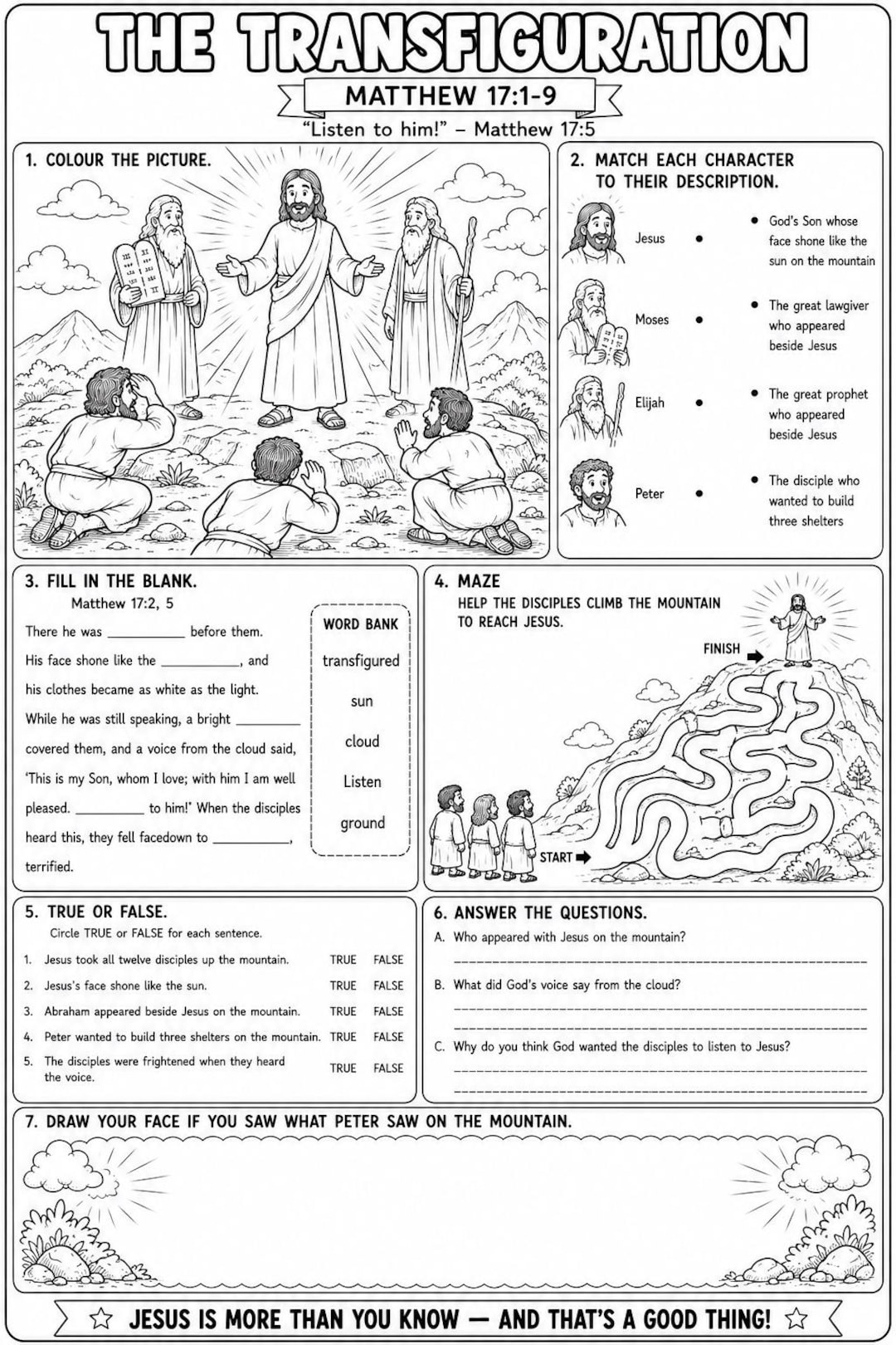 Matthew Rees Worksheet The Transfiguration Activity Sheet | Bible Worksheet for Kids | Sunday ...