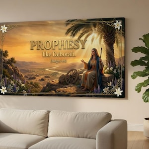 May include: A framed canvas art print with the text "Prophesy like Deborah." The artwork shows a biblical scene with a woman in a flowing gown, set against a desert landscape with a palm tree and a setting sun. The print is displayed above a sofa in a living room.
