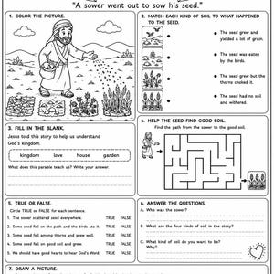May include: Black and white activity sheet titled "The Sower" from Matthew 13:3. Features a colouring section, matching activity, fill-in-the-blank, maze, true or false questions, and drawing prompts. The text "Let God's Word Grow in Your Heart!" is at the bottom.