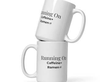 Running On Caffeine + Ramen Mug | Funny Coffee Mug | College Student Gift | Ramen Lover Mug | Office Coffee Cup | Minimalist Coffee Mug