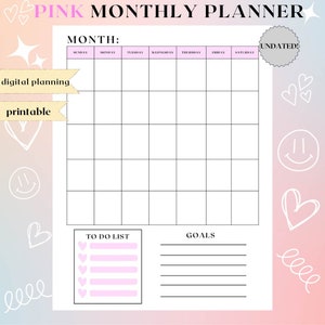 Roze Kawaii maandelijkse planner, digitale planning, ongedateerd, afdrukbaar, esthetisch