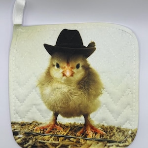 Puede incluir: Un pollito amarillo con un sombrero de vaquero negro. El pollito está de pie sobre un lecho de paja.