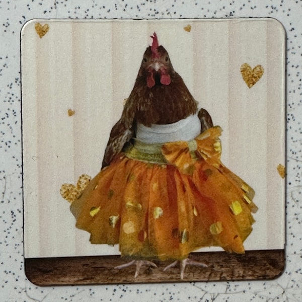 2"x2" Small Magnet - Hen in orange tutu skirt with hearts - free shipping - Valentine's Day