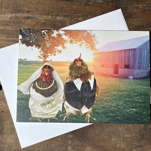 5 x 7 Card Wedding Chickens Dressed up chickens in front of barn wearing wedding attire zdjęcie 2