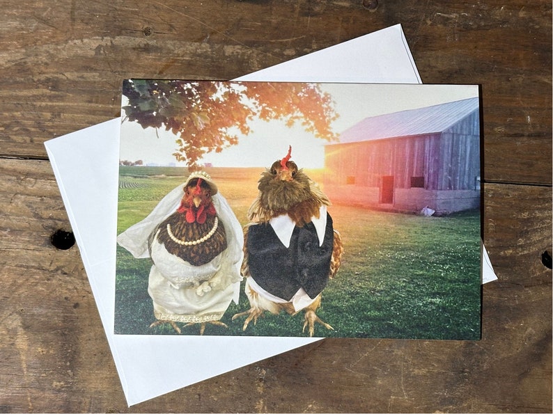 5 x 7 Card Wedding Chickens Dressed up chickens in front of barn wearing wedding attire zdjęcie 2