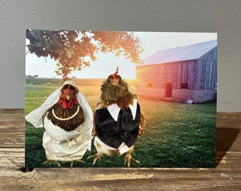 5" x 7" Card - Wedding Chickens (Dressed up chickens in front of barn wearing wedding attire) Heart pattern on back.