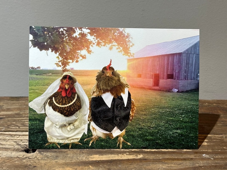 5 x 7 Card Wedding Chickens Dressed up chickens in front of barn wearing wedding attire zdjęcie 1