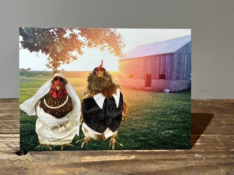 5 x 7 Card Wedding Chickens Dressed up chickens in front of barn wearing wedding attire zdjęcie 3