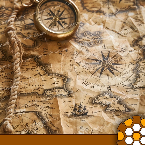 Laser Engraving file | Laser Ready | PNG Engraving | Digital Downloadable File | 3D Illusion Laser Engraved | Treasure map with old compass