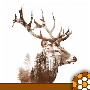 May include: A sepia toned illustration of a deer's head with antlers. The antlers are made up of a forest scene with trees and foliage.