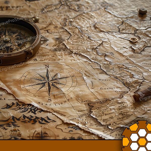 Treasure map with old compass | Laser Engraving file | Laser Ready | PNG Engraving | Digital Downloadable File | 3D Illusion Laser Engraved