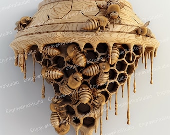 Laser Engraving file | Laser Ready | PNG Engraving | Digital Downloadable File | 3D Illusion Laser Engraving | Beehive honeycomb with Bees