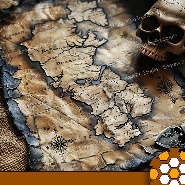 Photo Laser engraved | Ancient brown map with skull | Laser Engraving file | Laser Ready | PNG Engraving | Digital Downloadable File