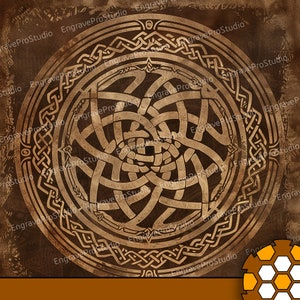 May include: A circular design with a Celtic knot pattern in brown and beige on a textured brown background.