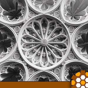 May include: A black and white photograph of a vaulted ceiling with intricate, circular, geometric designs. The ceiling is made of white plaster and has a repeating pattern of arches and circles.