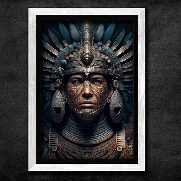 Guerrier mexicain aztèque avec portrait de coiffure de costume de guerre coloré | Téléchargement numérique, fichier graphique pour la décoration intérieure et l’impression d’art photographique
