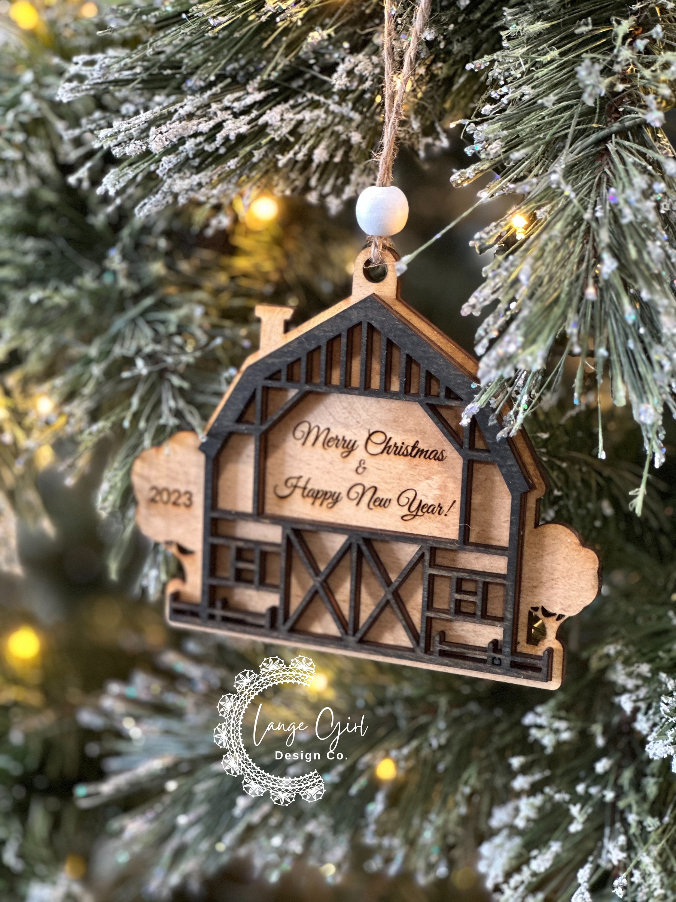 Country Barn Ornament Layered & Engraved with options for Personalization,Merry Christmas, Happy New Year 2023