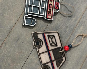 Handmade Postal Service Ornament – Choose Mail Truck or Post Office – Wooden Christmas Tree Decoration