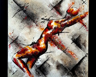 Pandemonium, small original framed work 10x10 black red white sensual woman, Valentine&#39;s Day gift idea