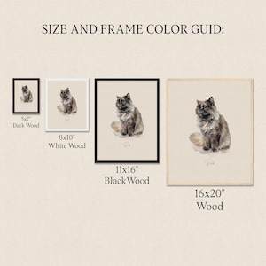 The image is a size and frame color guide for a painting of a cat. It provides the dimensions and color options for different frame sizes, including 5x7", 8x10", 11x16", and 16x20" frames.