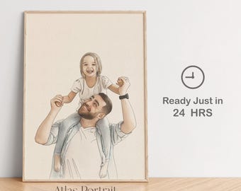 Custom Watercolor Dad and Kids Portrait, Personalized Father's Day Gift