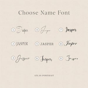 a selection of name fonts, each with a different style and script. The fonts include cursive, block, and sans-serif styles, as well as various script types such as gothic, modern, and elegant. The names displayed include "Jasper", "Jasper", and "Jasper", each with a different font and style. The image is a collage of these name fonts, and the text "Choose Name Font" is displayed at the top. The image is from the Atlas Portrait collection.