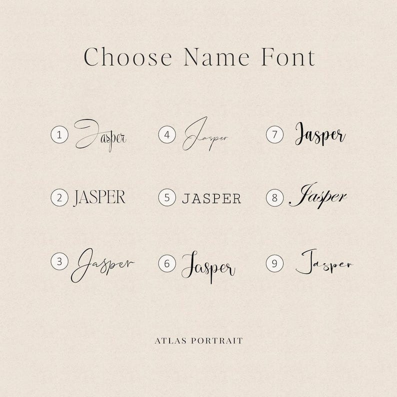 a selection of name fonts, each with a different style and script. The fonts include cursive, block, and sans-serif styles, as well as various script types such as gothic, modern, and elegant. The names displayed include "Jasper", "Jasper", and "Jasper", each with a different font and style. The image is a collage of these name fonts, and the text "Choose Name Font" is displayed at the top. The image is from the Atlas Portrait collection.