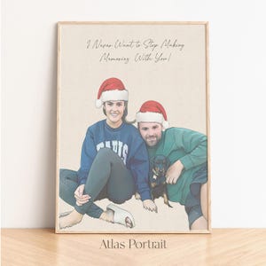 Retrato de pareja personalizado a partir de una foto, dibujo lineal de retrato digital, regalo de Navidad personalizado para él, ilustración de dibujos animados personalizada