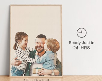 Custom Watercolor Dad and Kids Portrait, Personalized Father's Day Gift
