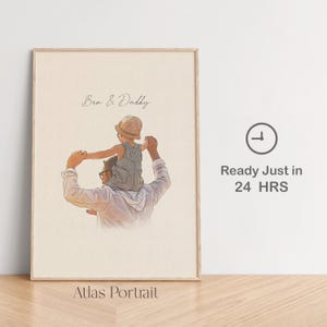 Portrait de papa personnalisé à l'aquarelle, cadeau de fête des pères personnalisé, dessin de papa et d'enfants à partir d'une photo, illustration de père