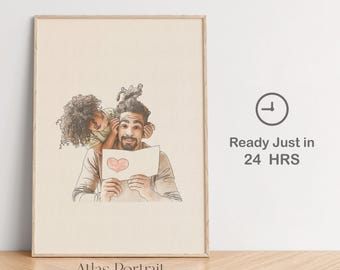 Custom Watercolor Dad and Kids Portrait, Personalized Father's Day Gift