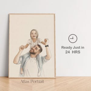 Personalized Daddy and Child Portrait - Hand Drawn Watercolor Family Illustration - Perfect Father's Day Gift Idea
