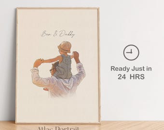 Custom Watercolor Dad and Kids Portrait, Personalized Father's Day Gift
