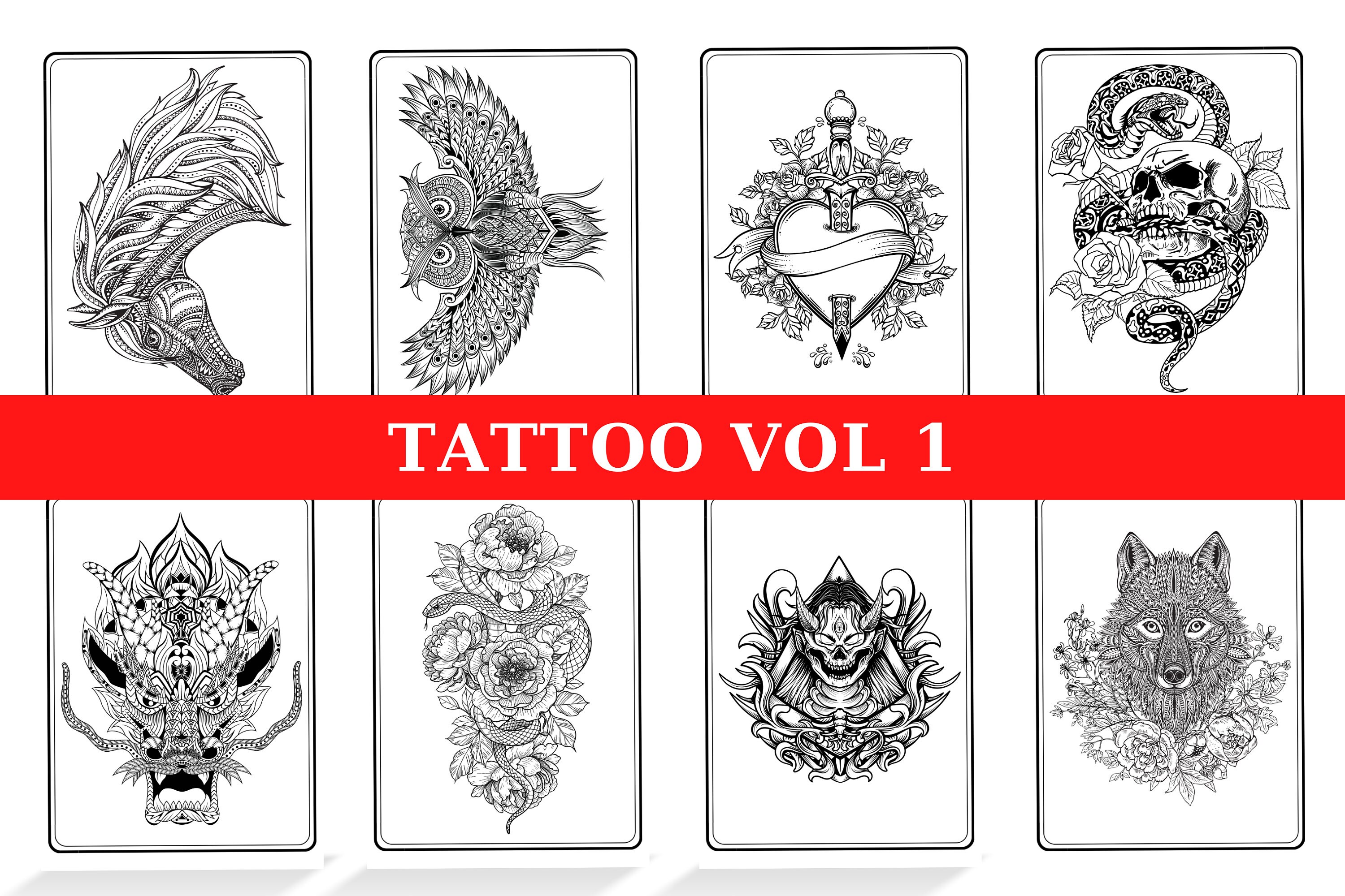 Tattoo Coloring Pages: Tattoo Coloring Book Skulls, Flowers, Animals