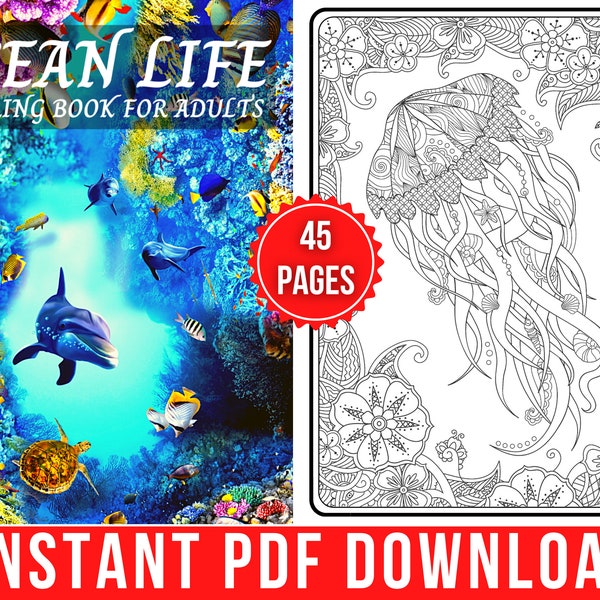 Ocean Life Coloring Pages | Ocean Life Coloring Book for Adults and Teens | 45 Digital Coloring Pages (Printable PDF / Instant Download)