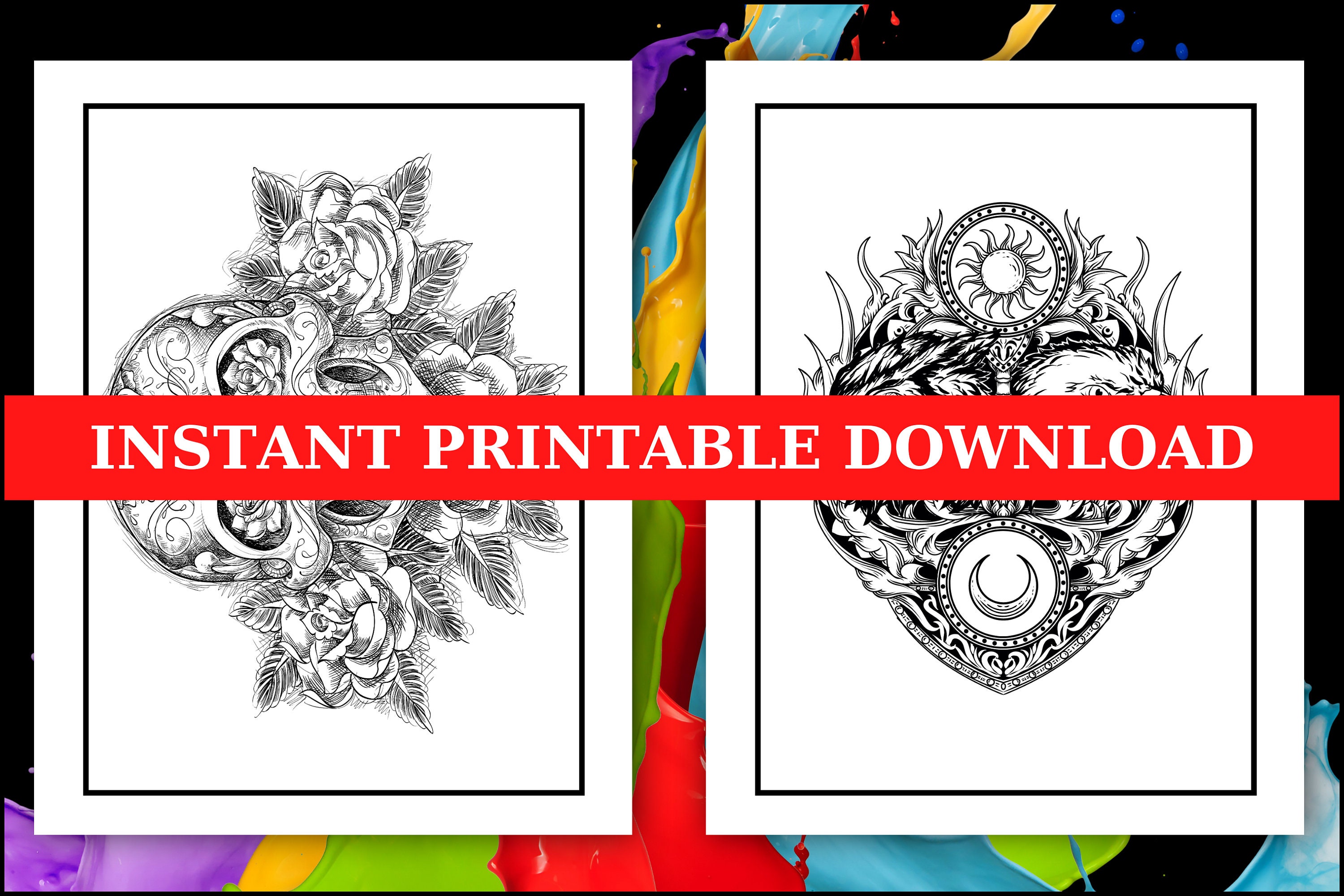 Tattoo Coloring Pages: Tattoo Coloring Book Skulls, Flowers, Animals