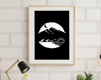 Black And White Art Print, Monochrome Wall Decor, Tattoo Mountain Print, Sun And Moon Artwork, Abstract Wall Art, Unframed Poster, Vertical