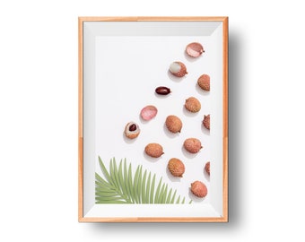 Fresh Lychee Artwork, Palm Leaf Wall Decor, Botanical Print, Tropical Fruit Art, Exotic Leaf Art, Botanical Wall Poster, Exotic Fruit Poster