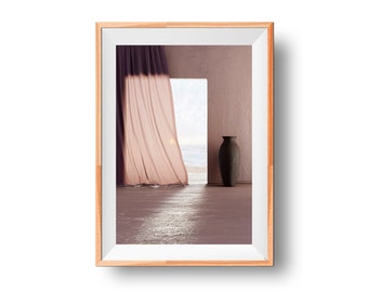 Beach House Print, Summer House Style Photo, Sea View Art, Coastal Interior Art, Ocean View Wall Decor, Curtain Artwork, Summer Home Print