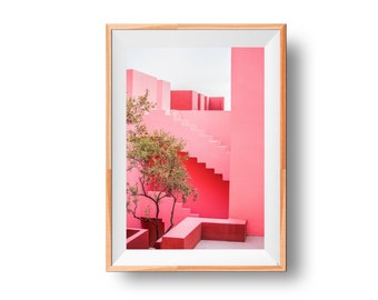 Colorful Minimalism Print, Pink Architecture, Vibrant Wall Photo, Pinkish Staircase, Bright Minimalist Print, Rosy Architectural Photo