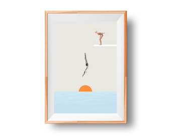 Impresión de playa, obras de arte de buzo, impresión de fotos de verano, impresión del océano, impresión soleada, carteles e impresiones, arte de la pared costera, impresión playera, cartel retro