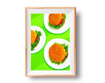 Burger Print, Diner Wall Art, Burger Photography, Kitchen Decor, Fast Food Print, Hamburger Poster, Snack Art Print, Foodie Gift, Junk Food