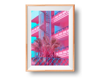 Architectuur roze print, tropische palm kunst, roze muur kunst, architectuur fotografie, stadsgezicht kunst, moderne palm print, roze tropische foto
