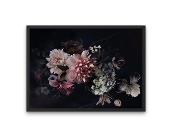 Vintage bloemsierkunst, pioen muur print, Lily Art Poster, hortensia Home decor, donkere fotografie print, retro bloem foto, pioenrozen artwork
